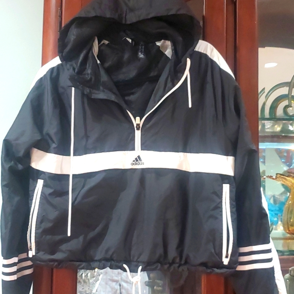 Adidas 3-Stripe women wind Breaker hooded Jacket black and white large